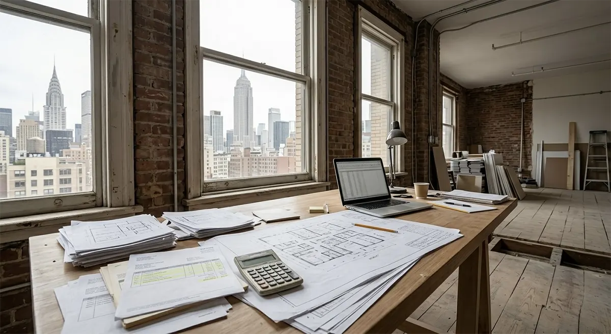 A wooden desk in a stripped-down apartment covered with architectural blueprints, a calculator, and a laptop showing cost estimate spreadsheets