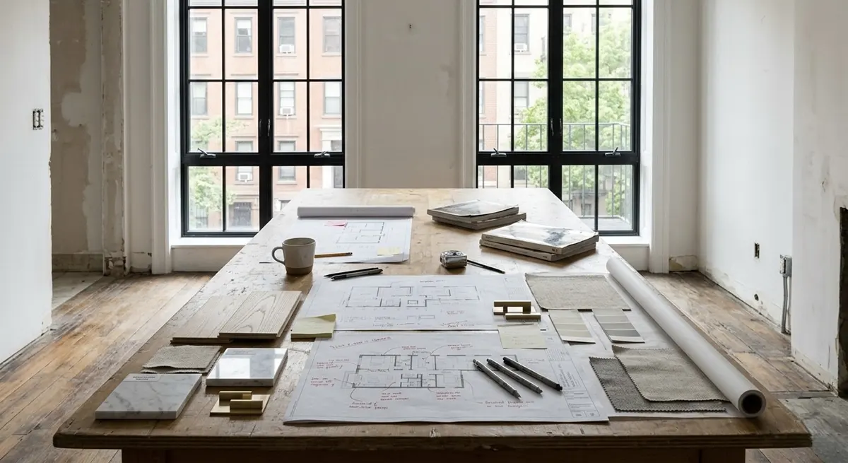 A large rustic wooden table in a bright, gutted NYC apartment space, carefully laid out with architectural blueprints, measuring tools, stone samples, and finish swatches, representing thorough pre-construction planning