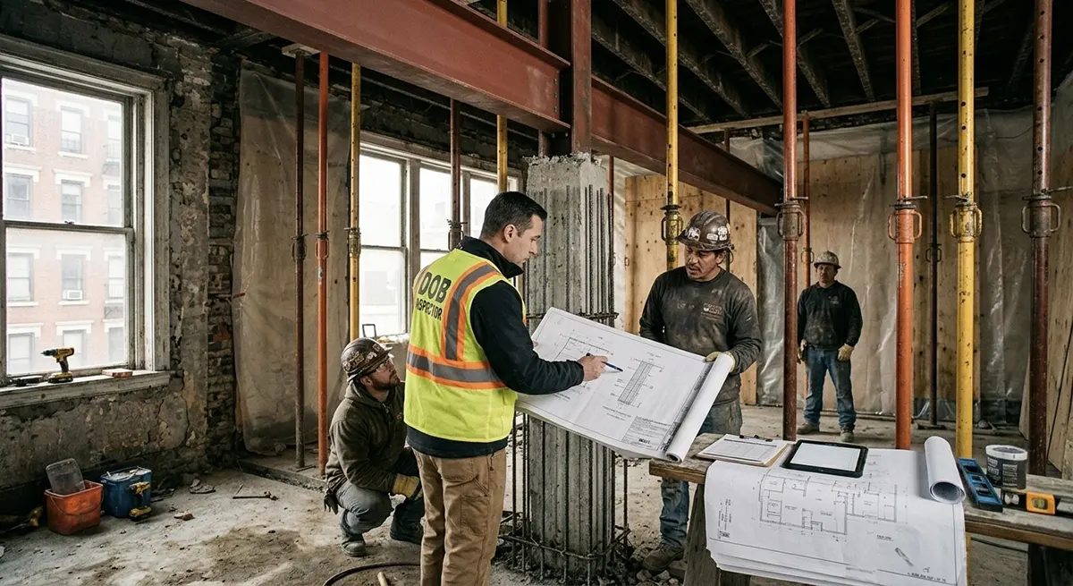 A NYC Department of Buildings inspector in a high-visibility vest reviewing architectural blueprints with construction workers on an active job site with exposed steel beams and temporary shoring posts
