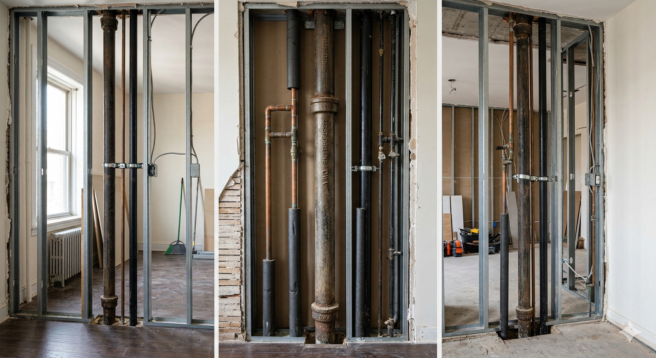 A three-panel composite image showing exposed, thick cast-iron plumbing risers and copper supply lines inside a wall cavity of a gutted NYC apartment, illustrating shared building systems that owners cannot relocate