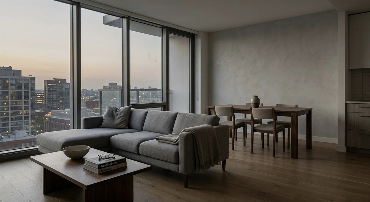A clinical-looking New York City apartment living room at dusk, illuminated only by a grid of harsh, cold-temperature recessed ceiling lights, with visible electrical cords from a floor lamp that was added later