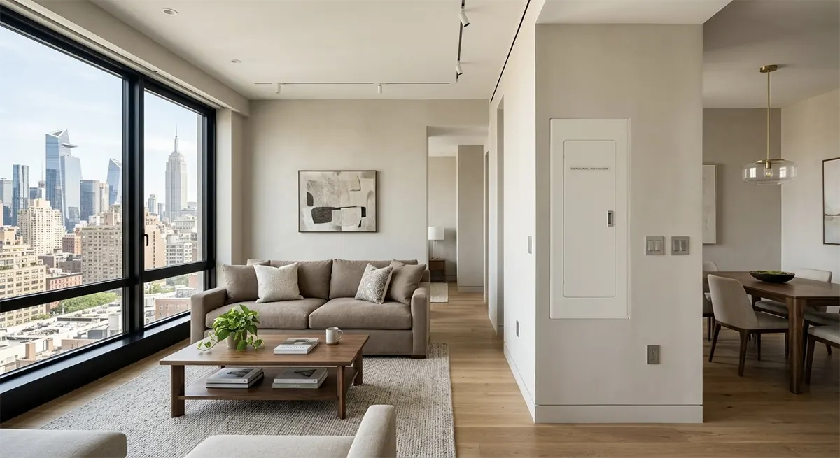 A bright, finished NYC apartment interior featuring clean walls, modern switches, track lighting, and a flush-mounted electrical panel seamlessly integrated into the design, hiding all the complex wiring behind it