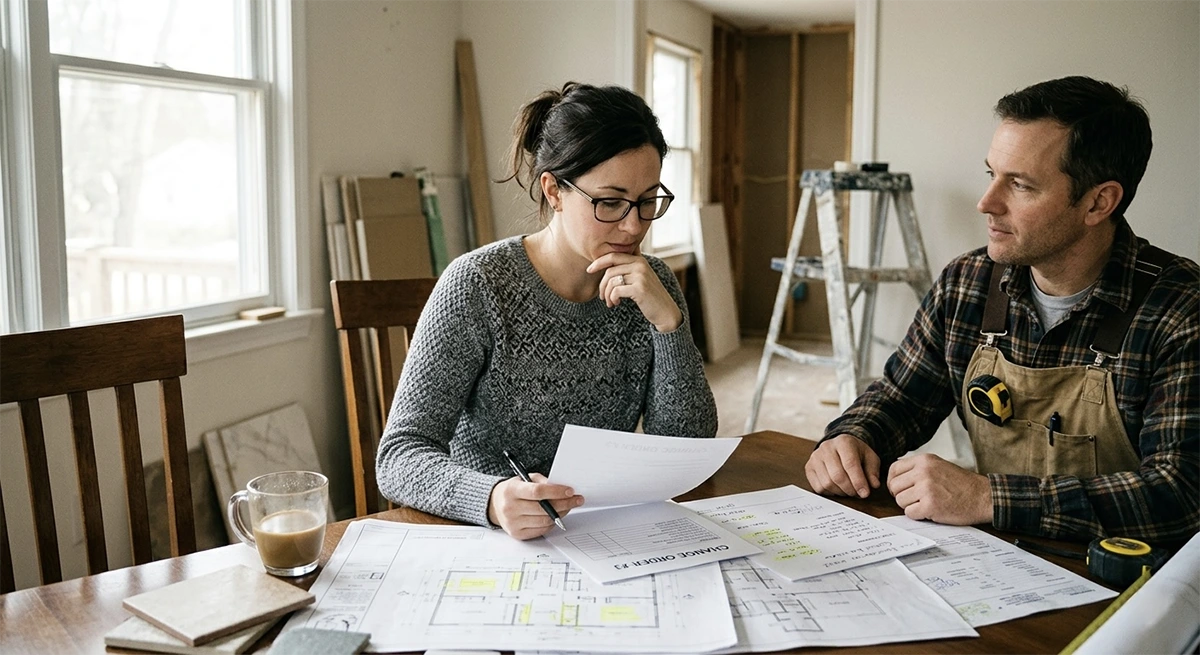 A focused female homeowner reviewing a printed Change Order form with her contractor inside an active renovation site, considering the financial impact of scope additions