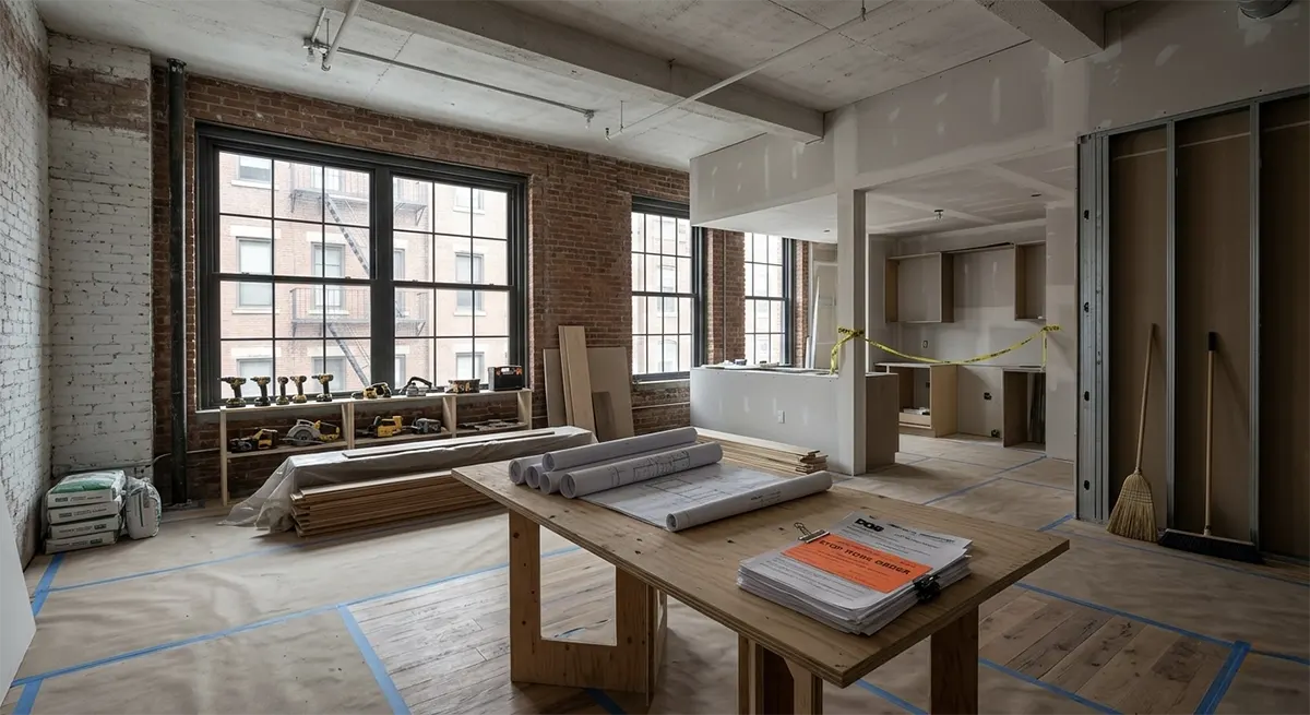 An unfinished and delayed NYC apartment renovation featuring exposed brick walls, idle construction materials, and a temporary desk holding blueprints with a Stop Work Order document on top