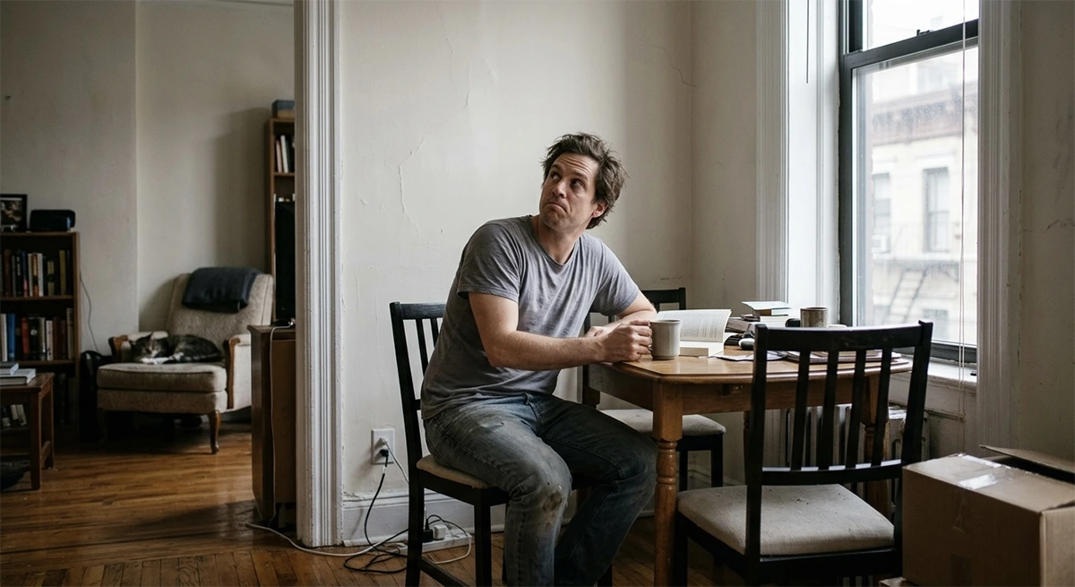 A stressed male apartment owner sitting alone at a small table in a partially packed, unrenovated room, looking anxiously toward the ceiling as renovation delays and carrying costs mount