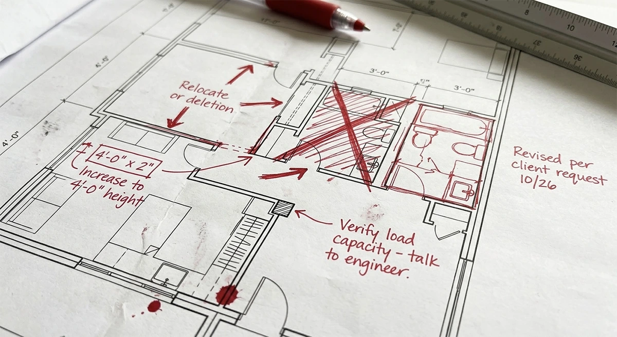 Architectural floor plans heavily marked up with red pen, crossing out a bathroom layout and adding notes like Relocate or deletion and Verify load capacity, showing mid-project scope changes