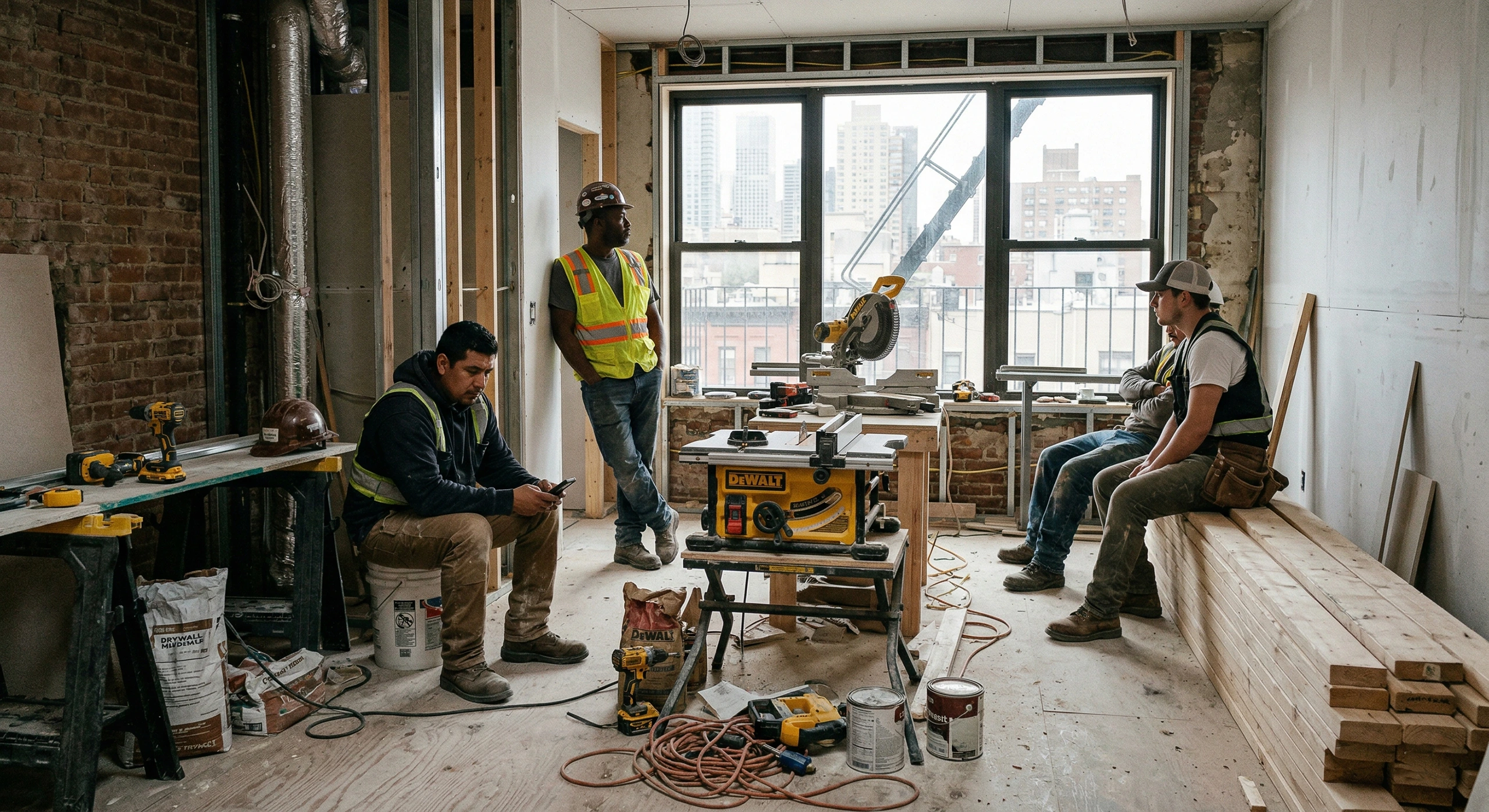 A frustrated construction crew sitting idly on building materials in a gutted NYC apartment, looking out the window and checking phones after receiving a sudden stop-work order due to a neighbor's complaint