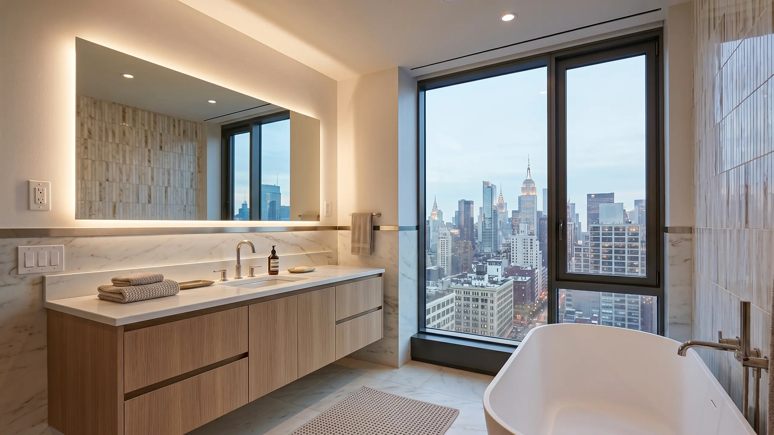 A modern luxury bathroom with a marble vanity, freestanding bathtub, and a large window overlooking a nyc city skyline