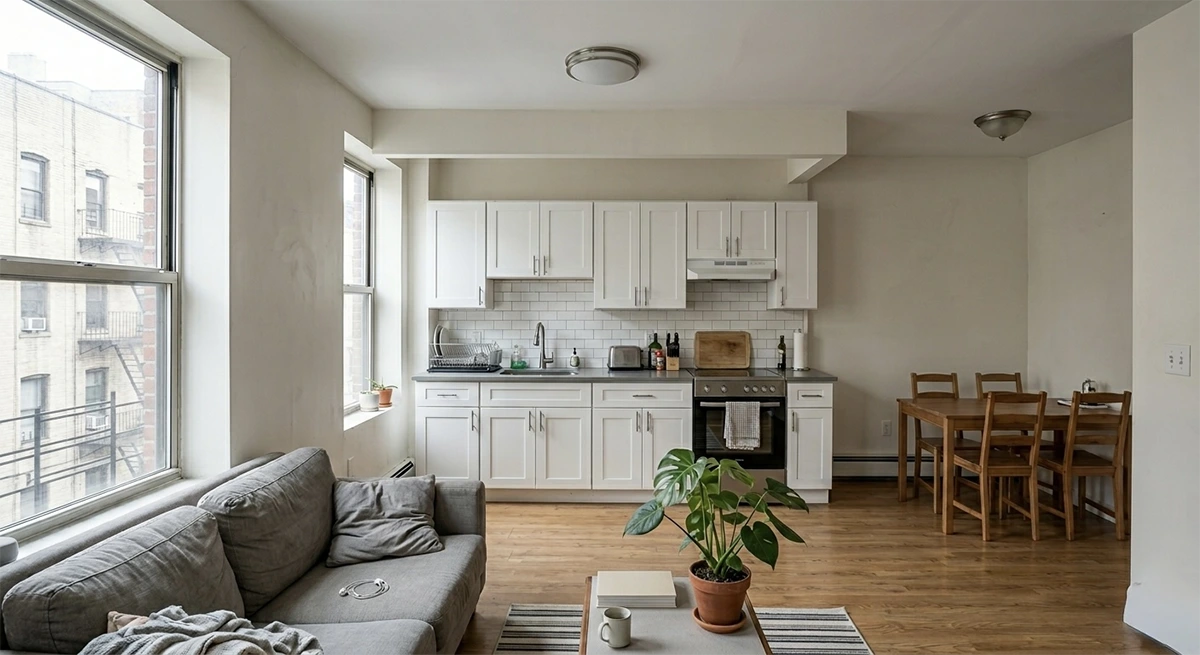 A standard, functional Manhattan apartment with a simple linear white kitchen, dining table, and living area, illustrating the realistic outcome of a full but non-luxury gut renovation