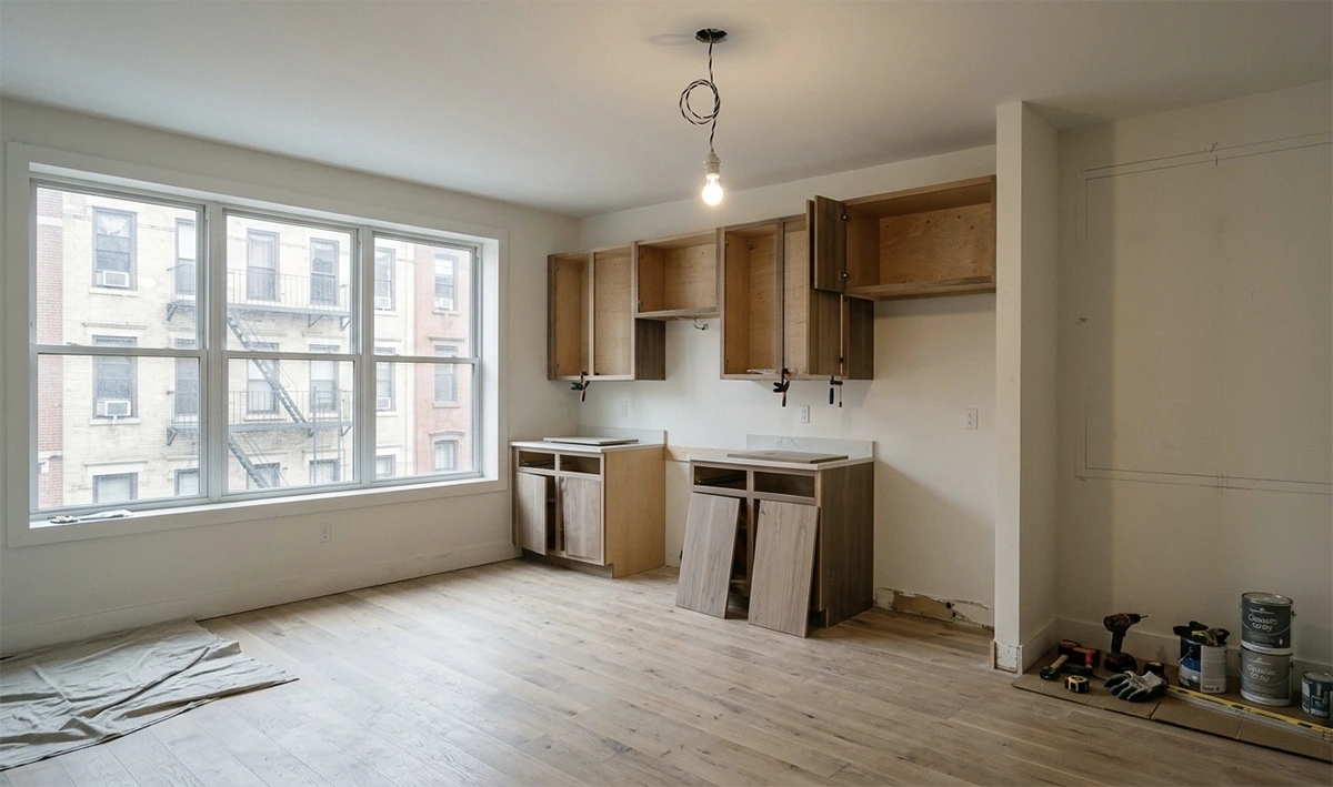 A chaotic, unfinished NYC apartment kitchen under renovation, with exposed framing, incomplete cabinetry, tools lying around, and a single construction lightbulb hanging, visualizing stressful timeline management failures