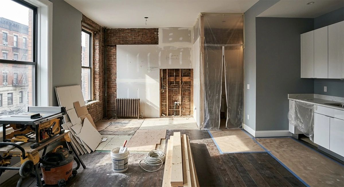 A partially demolished NYC apartment kitchen revealing old, complex plumbing pipes hidden inside a brick wall cavity, representing the unpredictable structural and mechanical surprises that cause change orders