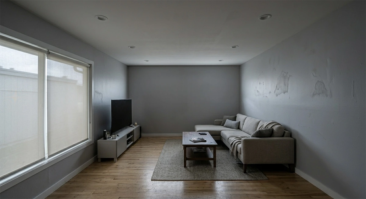 The exact same apartment wall under harsh, direct, grazing light, revealing terrible drywall imperfections, visible tape seams, and uneven paint from low-quality labor