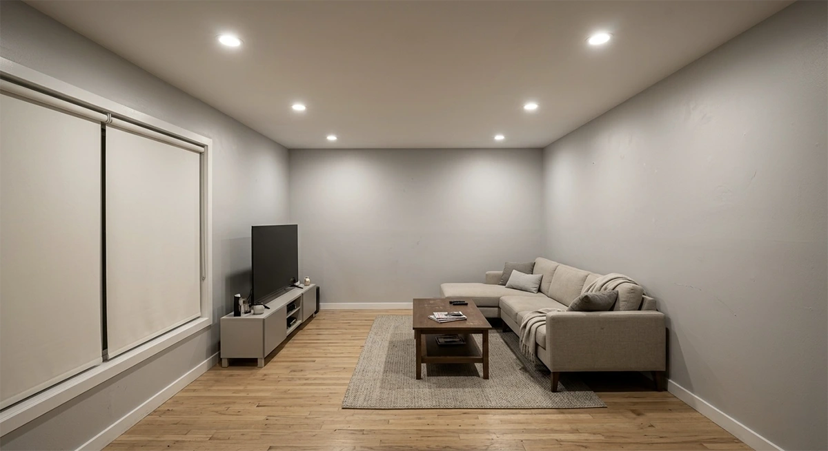 A living room wall in a Manhattan apartment that appears perfectly smooth and evenly painted under soft, diffused recessed lighting