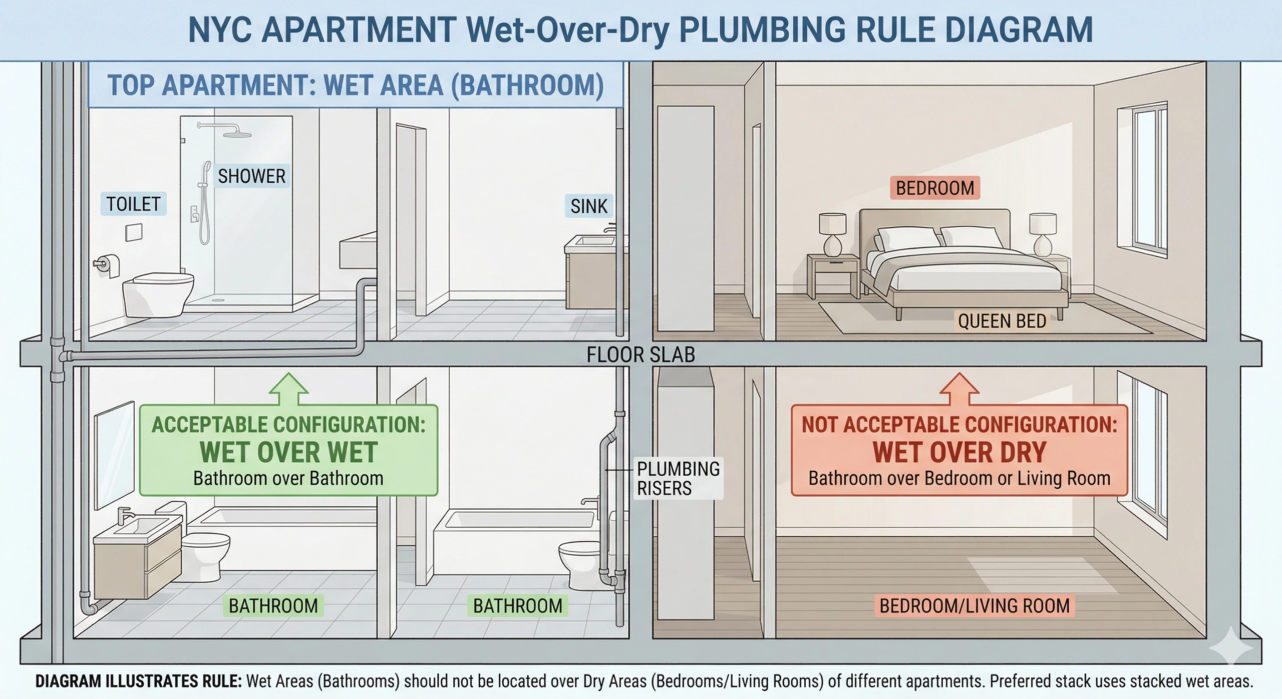 A clear architectural diagram explaining the NYC apartment Wet-Over-Dry plumbing rule. It shows an acceptable configuration (bathroom over bathroom) in green, and a prohibited configuration (bathroom over bedroom) in red