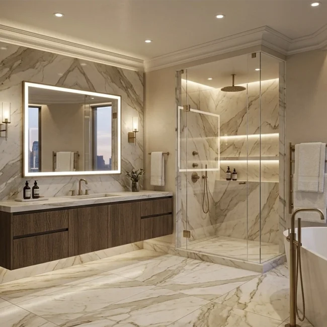 High-end Manhattan bathroom with expansive marble slab walls, a large custom floating walnut vanity, a glass shower enclosure, and a freestanding soaking tub positioned by a large window