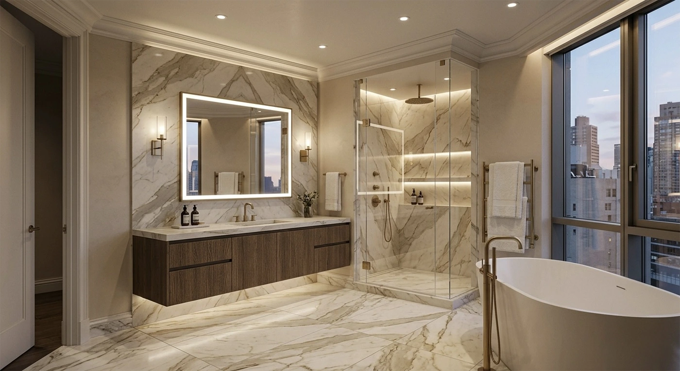 High-end Manhattan bathroom with expansive marble slab walls, a large custom floating walnut vanity, a glass shower enclosure, and a freestanding soaking tub positioned by a large window