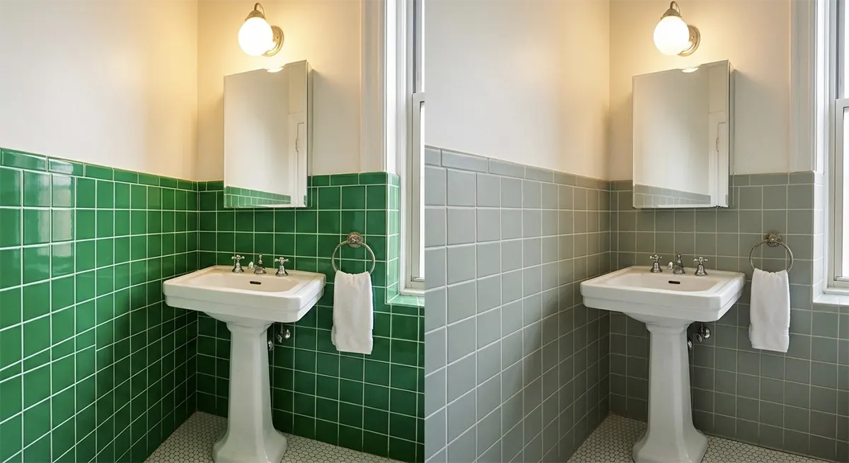 A split-screen comparison showing a bathroom design mistake: a harsh, highly saturated glossy green tile on the left, contrasted with a sophisticated, desaturated matte sage green tile on the right