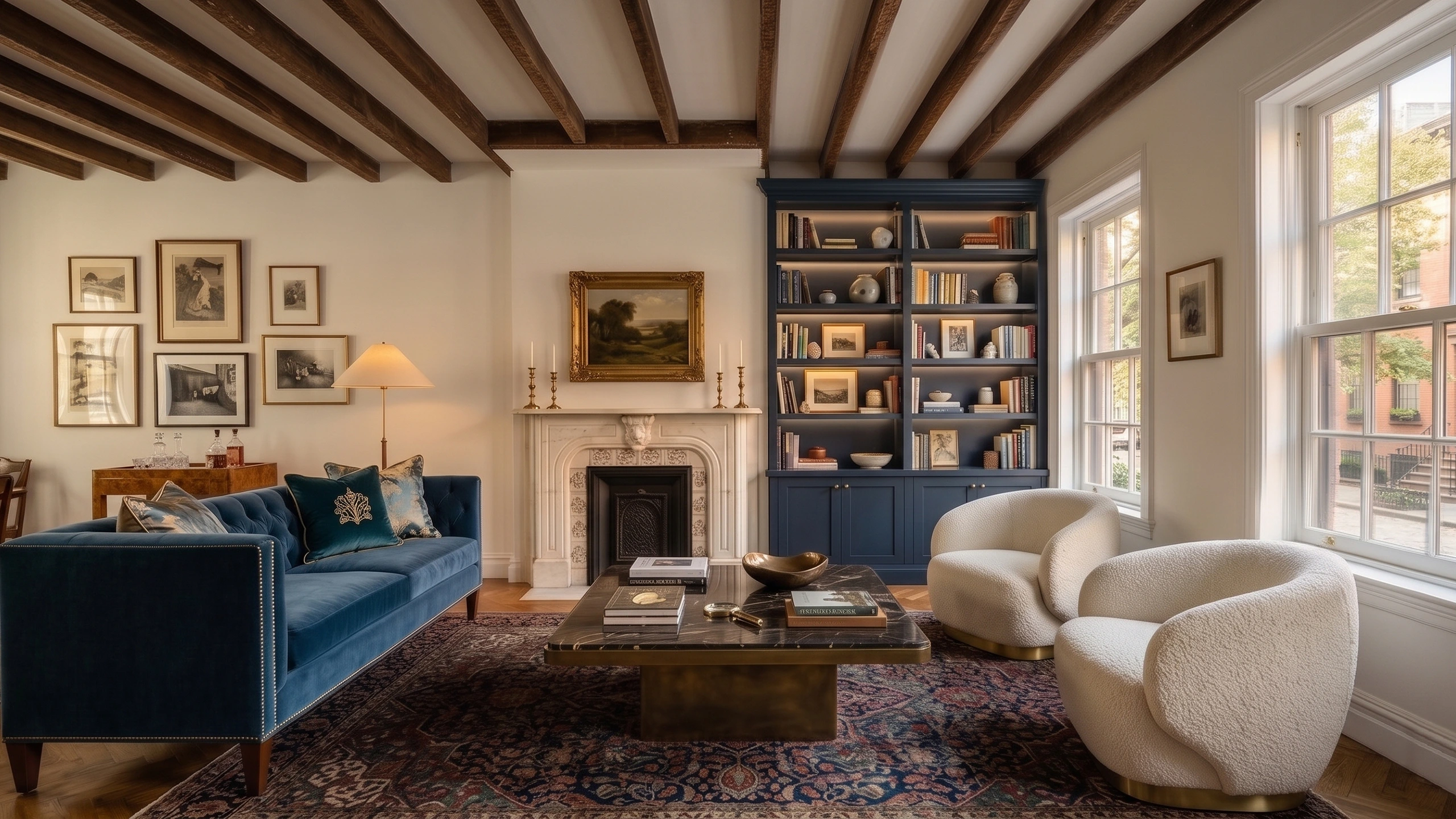 A beautifully restored pre-war NYC apartment living room with exposed timber ceiling beams, a classic fireplace, a deep blue velvet sofa, and custom built-in bookshelves