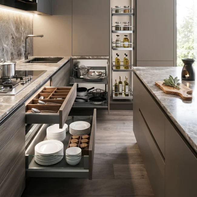 Luxury kitchen remodel showing smart storage solutions, including open pull-out drawers with a wooden cutlery tray and white plates, a corner carousel for pots, and a vertical pantry rack next to a grey marble island
