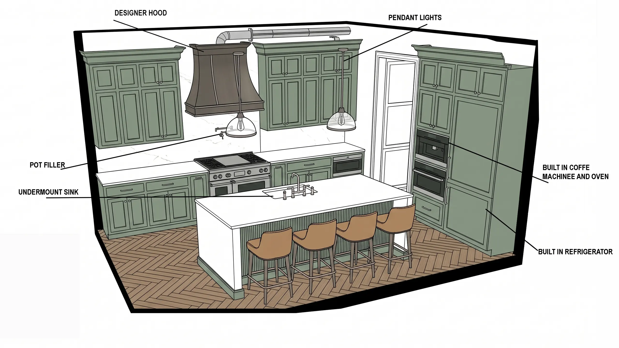 Custom 3D kitchen design render for a Manhattan apartment featuring green cabinetry, a marble island, and integrated high-end appliances