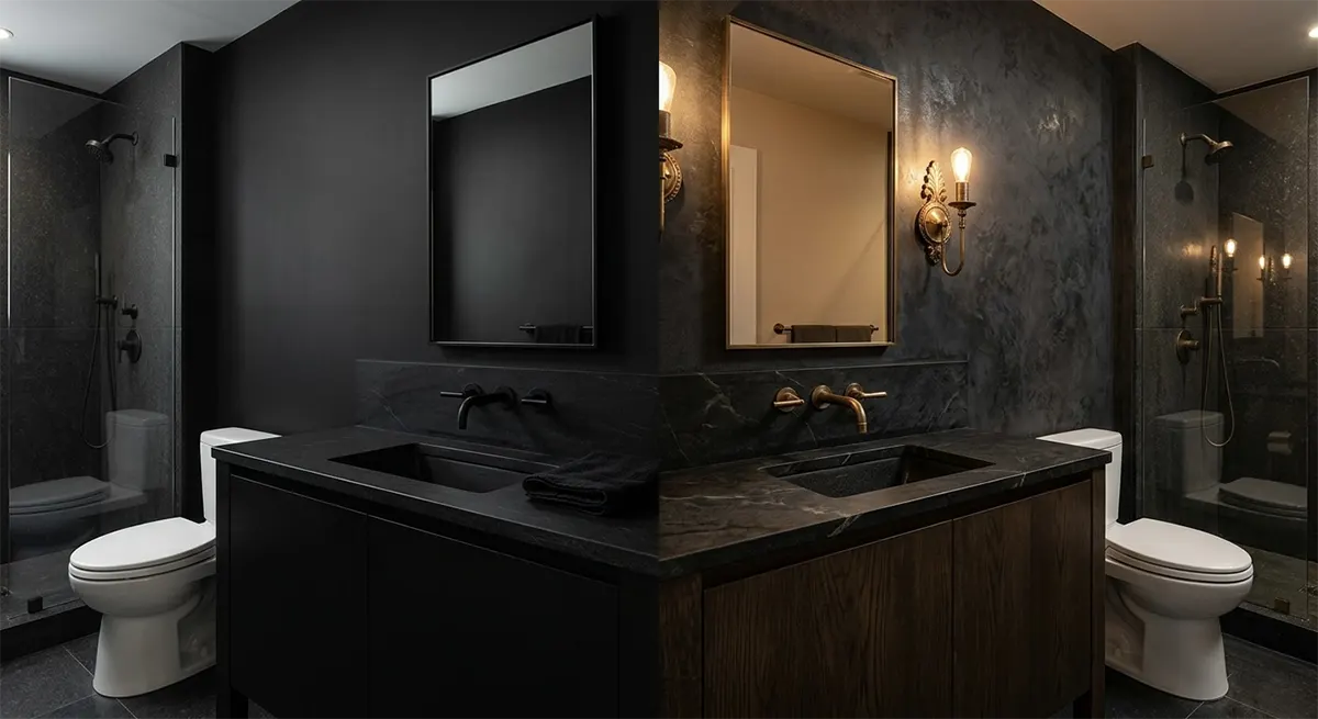 A split-screen showing dark bathroom designs, contrasting a flat, matte black modern bathroom on the left with a rich, textured charcoal plaster bathroom featuring warm lighting and bronze fixtures on the right