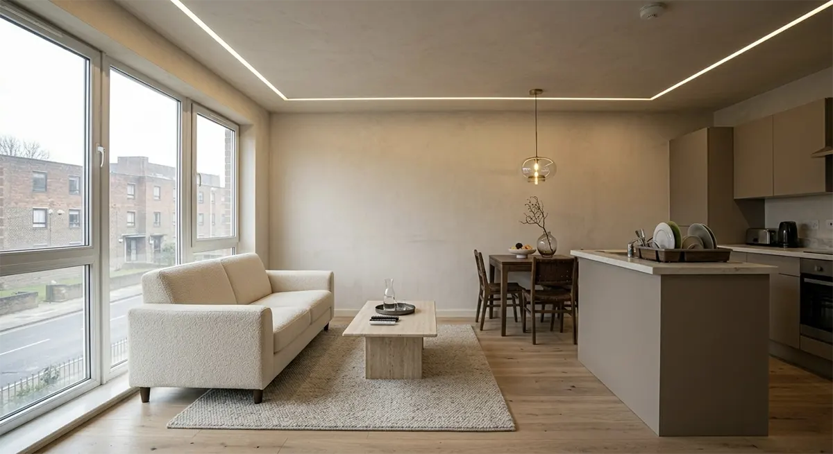 A poorly executed minimalist living space showing cold, unlayered lighting, awkwardly proportioned furniture pushed against plain walls, and a lack of custom millwork