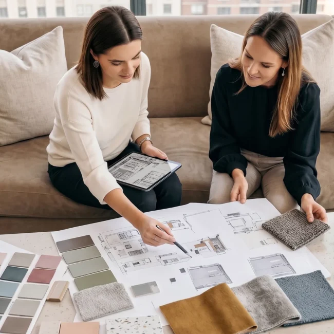 Two female interior designers reviewing floor plans on a tablet and selecting fabric and color samples during a luxury apartment renovation consultation in NYC