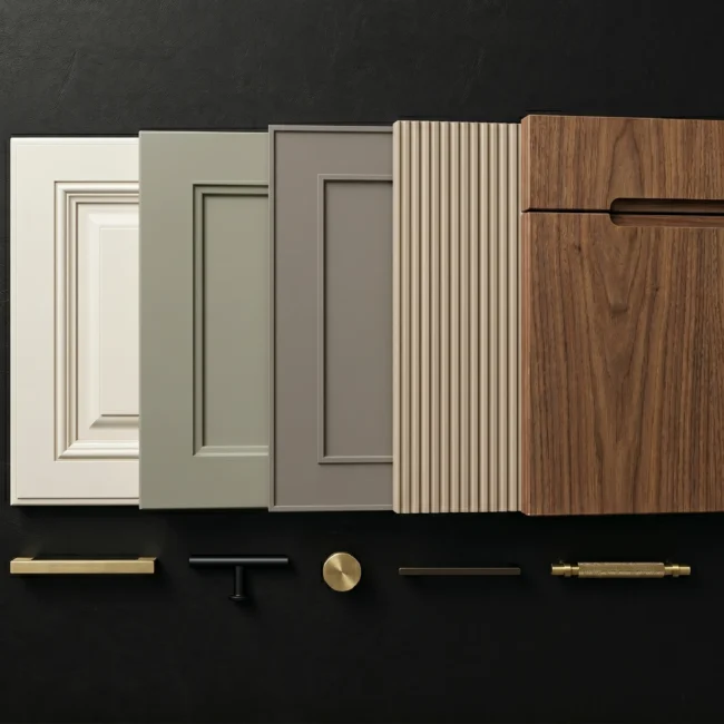 Selection of luxury kitchen cabinet door styles including white raised panel, sage green and grey shaker, beige fluted, and natural walnut wood finishes paired with brass and black hardware