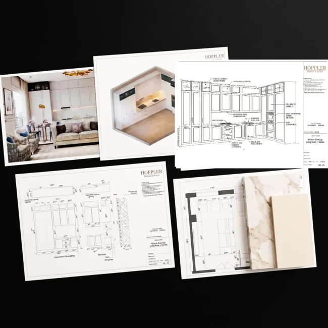 Technical kitchen architectural blueprints, 3D renders, and millwork drawings from Hoppler Design & Build paired with luxury marble samples