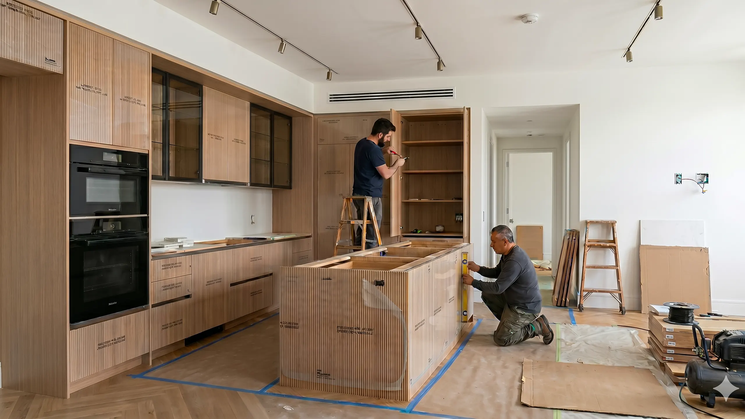 Professional contractors installing custom wood kitchen cabinetry and island during a luxury apartment renovation in Manhattan NYC with built-in appliances, construction coordination and on-site project management