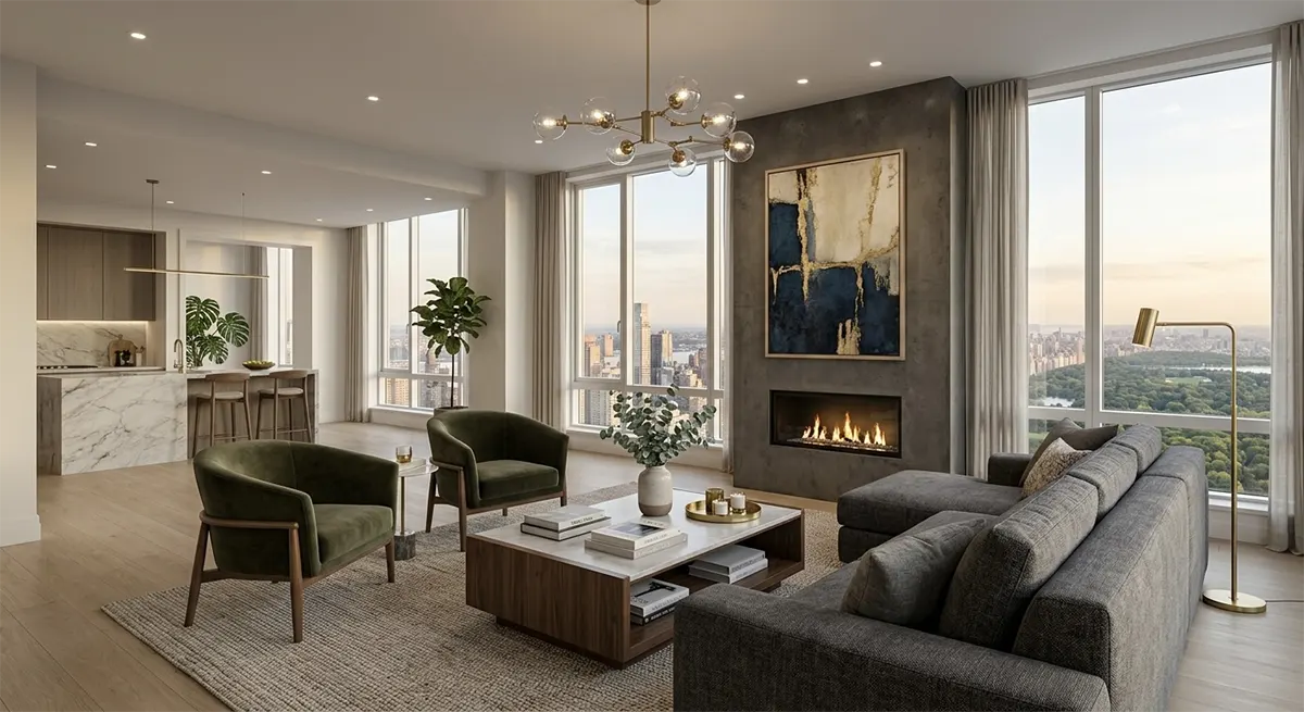 A well-designed living room where a large grey sofa and two olive green armchairs act as anchors, arranged symmetrically around a coffee table and facing a modern fireplace with a large abstract painting