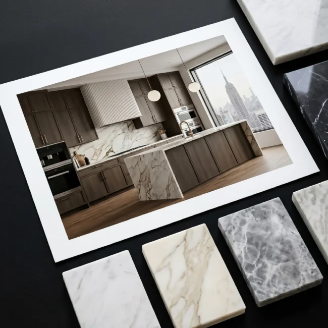 Luxury interior design material board featuring an apartment kitchen rendering with dark oak cabinets, a Calacatta marble waterfall island, and Empire State Building views, surrounded by natural stone and marble tile samples