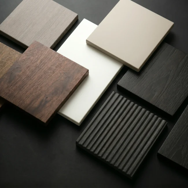 High-end kitchen design flat lay material board showcasing custom cabinet samples, including fluted black wood, natural walnut grain, matte beige, and clean white stone countertop surfaces