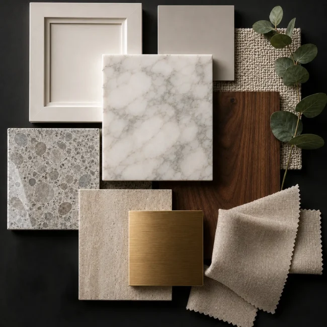 A high-end kitchen design flat lay showcasing a white shaker cabinet sample, Calacatta marble slab, dark walnut wood, and brushed brass hardware accents