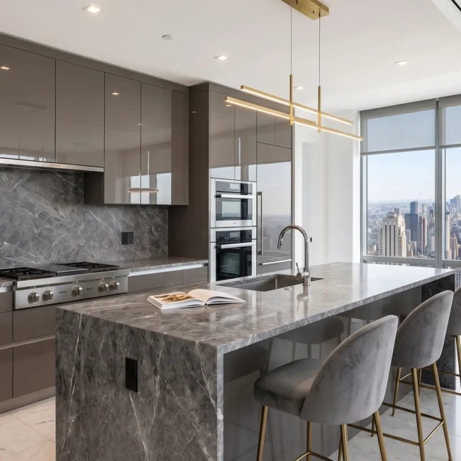 A refined minimalist open concept kitchen and living area showcasing rich natural materials: warm walnut cabinetry, a thick stone island, textured plaster walls, and exposed architectural beams