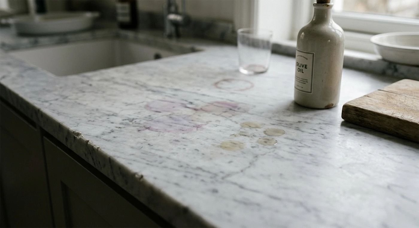 Close-up of a high-end white marble kitchen island in a brownstone, covered in dark red wine ring stains and yellow olive oil discoloration, illustrating common maintenance regrets