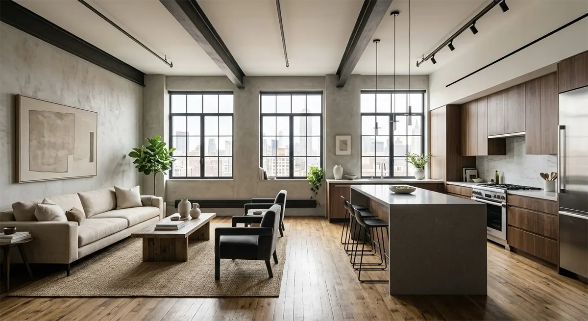 A refined minimalist open concept kitchen and living area showcasing rich natural materials: warm walnut cabinetry, a thick stone island, textured plaster walls, and exposed architectural beams