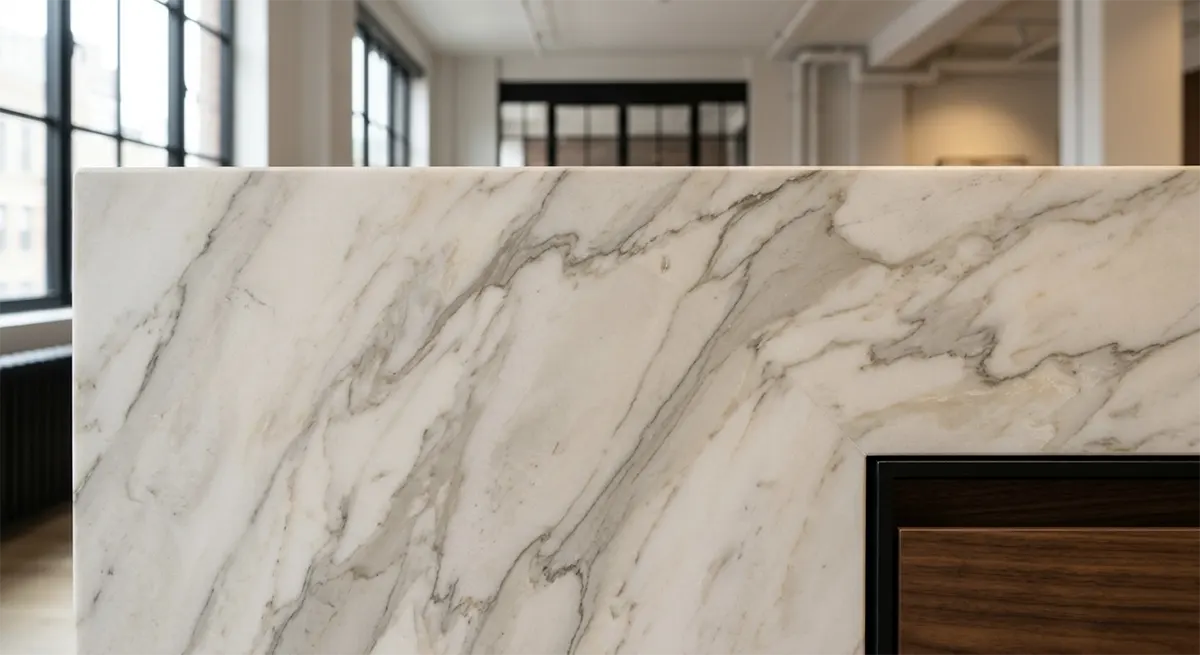 An extreme close-up of a high-end minimalist kitchen island, highlighting the precise, seamless transition between heavily veined natural marble and custom walnut millwork