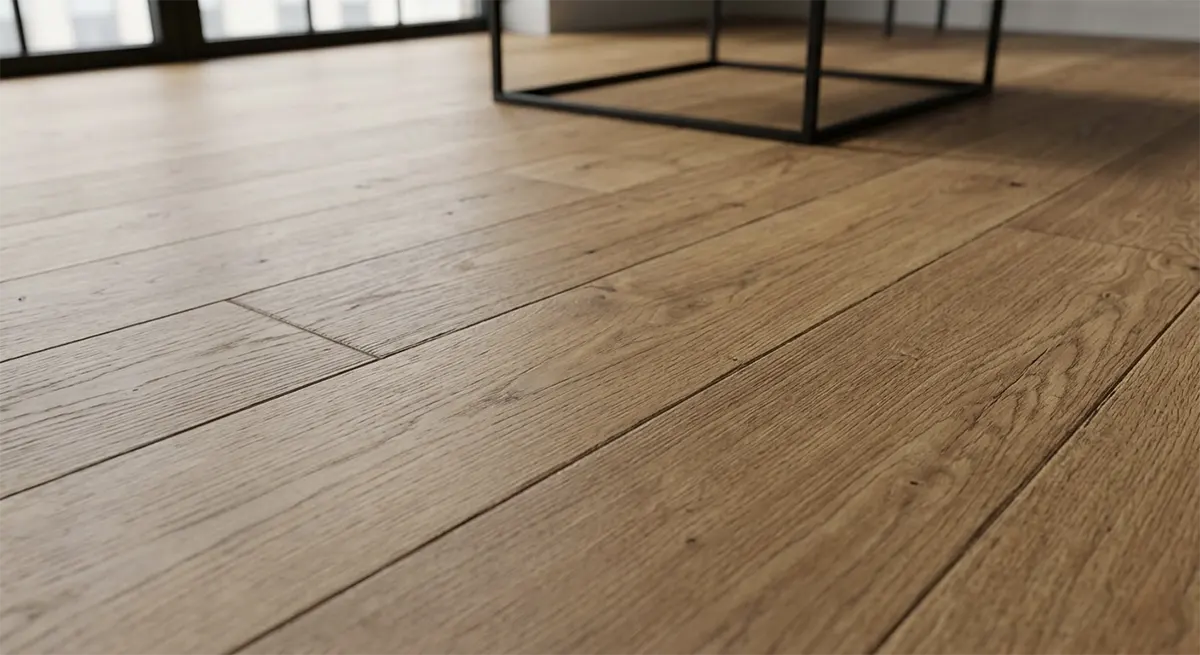 A close-up view of premium wide-plank oak flooring in a minimalist NYC apartment, showcasing the deep, natural wood grain that provides visual texture without relying on busy patterns