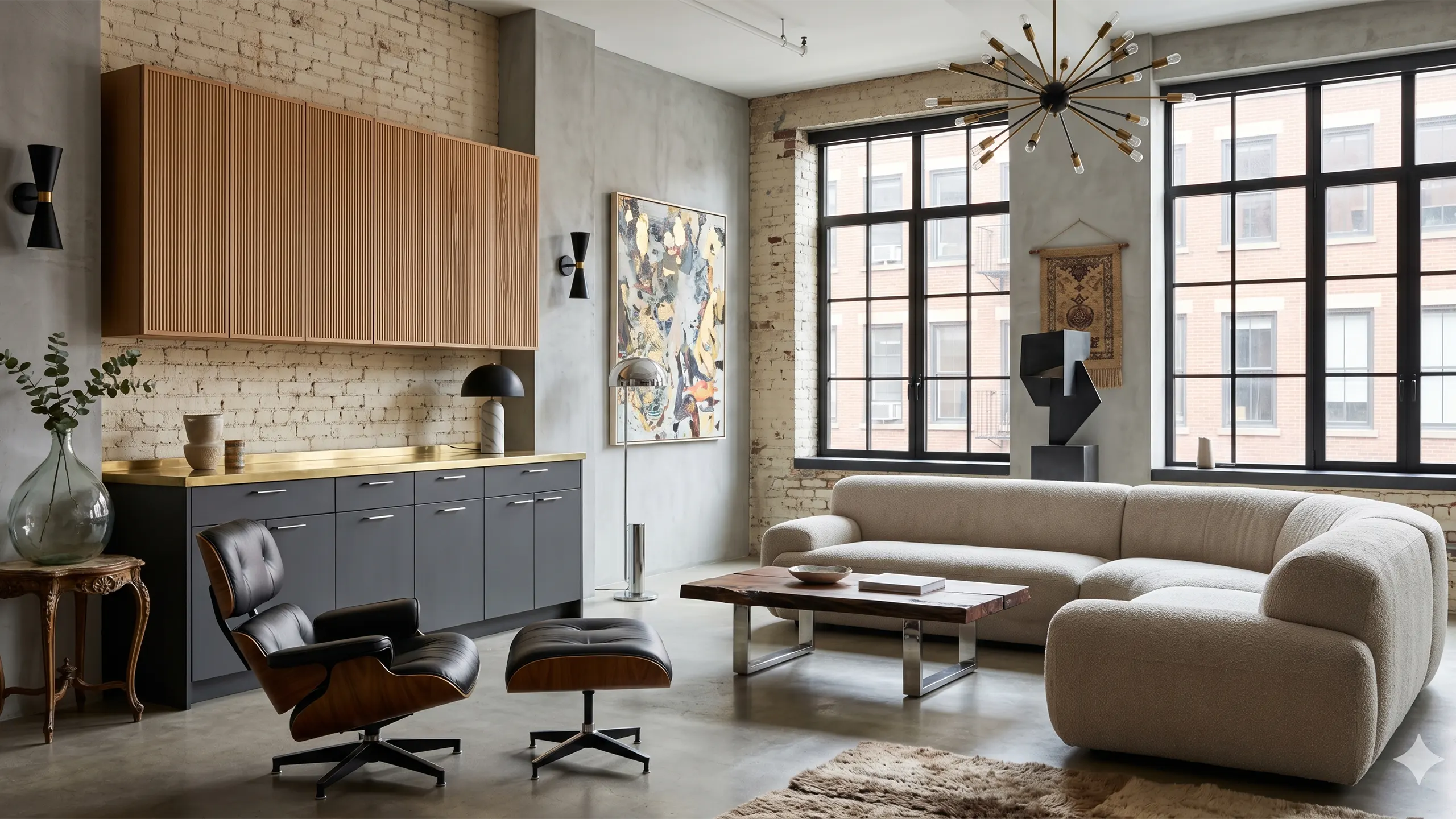 An interior design setup showing a classic mid-century black leather Eames lounge chair clashing with a contemporary curved bouclé sofa, fluted wood cabinets, and exposed brick walls