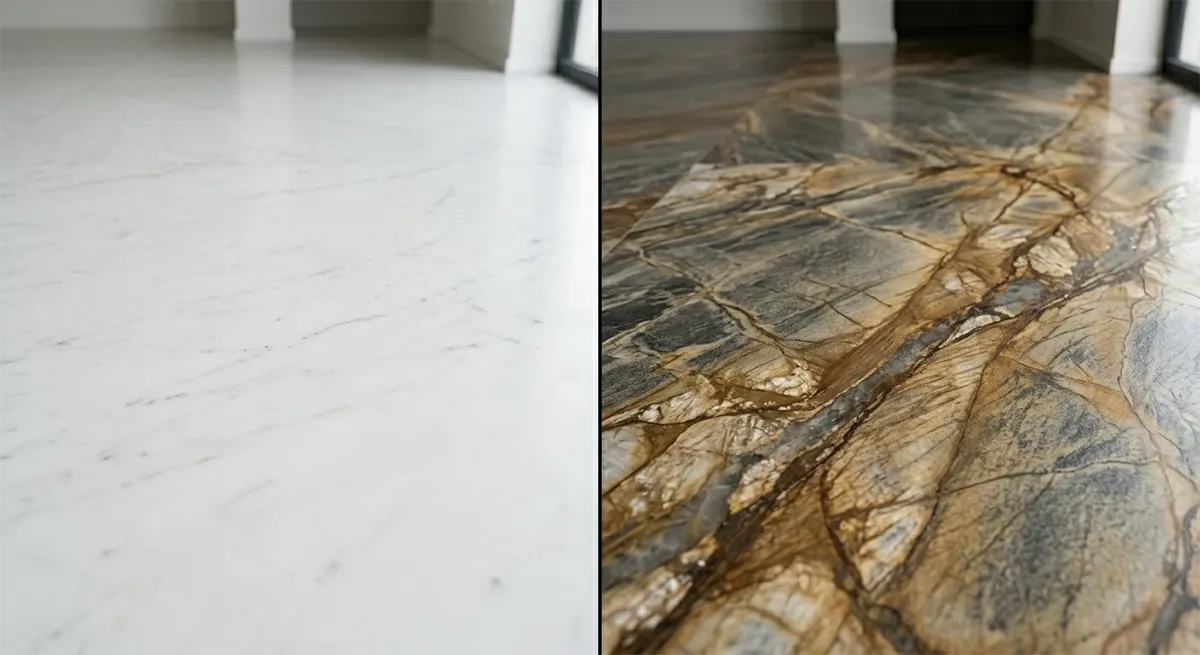 A split screen showing a plain, smooth white modern marble finish on the left, contrasted with a dramatic, highly veined warm brown contemporary stone finish on the right