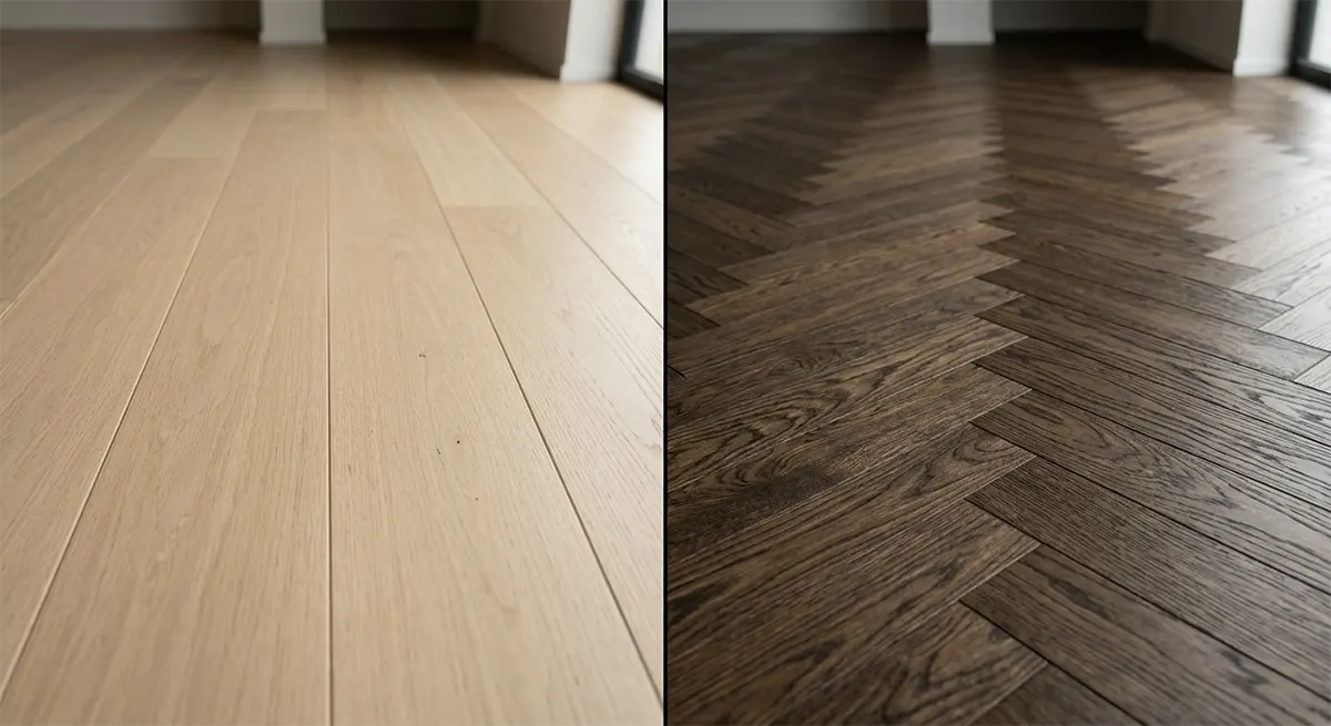 A split screen showing simple straight-laid pale modern wood flooring on the left compared to rich, warm contemporary dark wood flooring laid in a classic herringbone pattern on the right