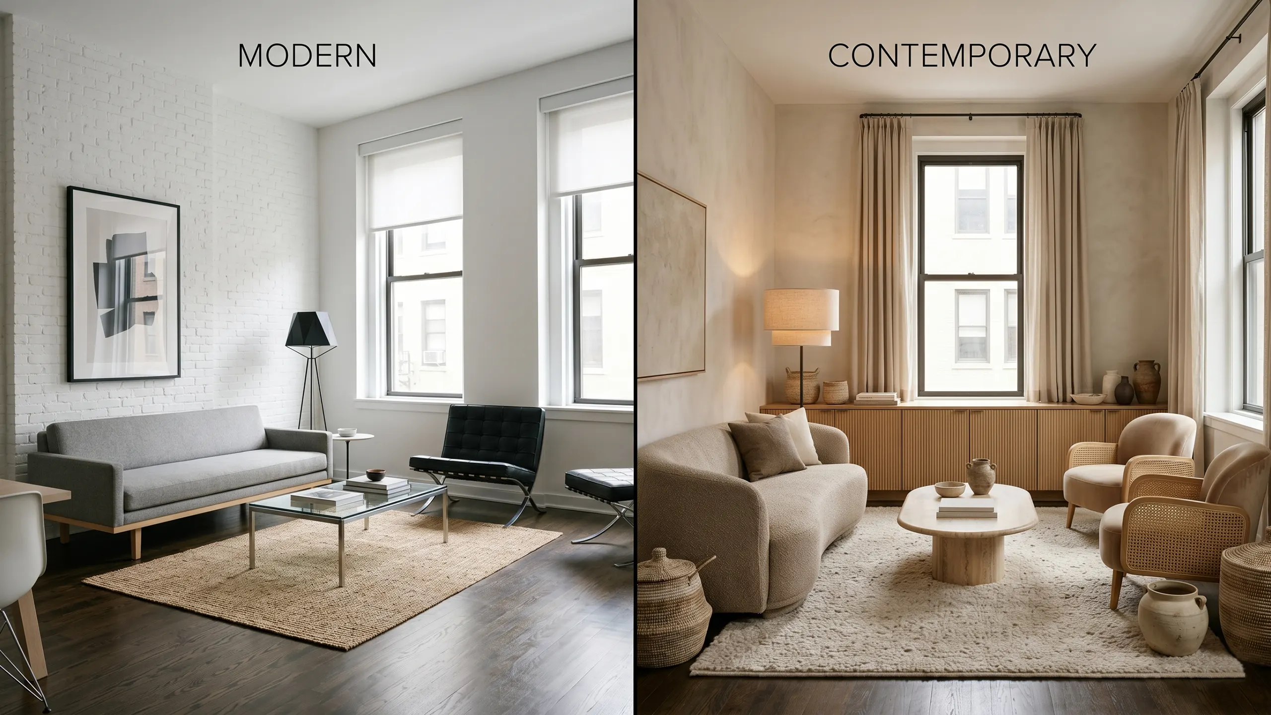 A split-screen comparison of interior design styles. On the left, a minimalist modern living room with a grey sofa and black leather Barcelona chair. On the right, a warm contemporary living room featuring a curved bouclé sofa, cane chairs, and layered textures