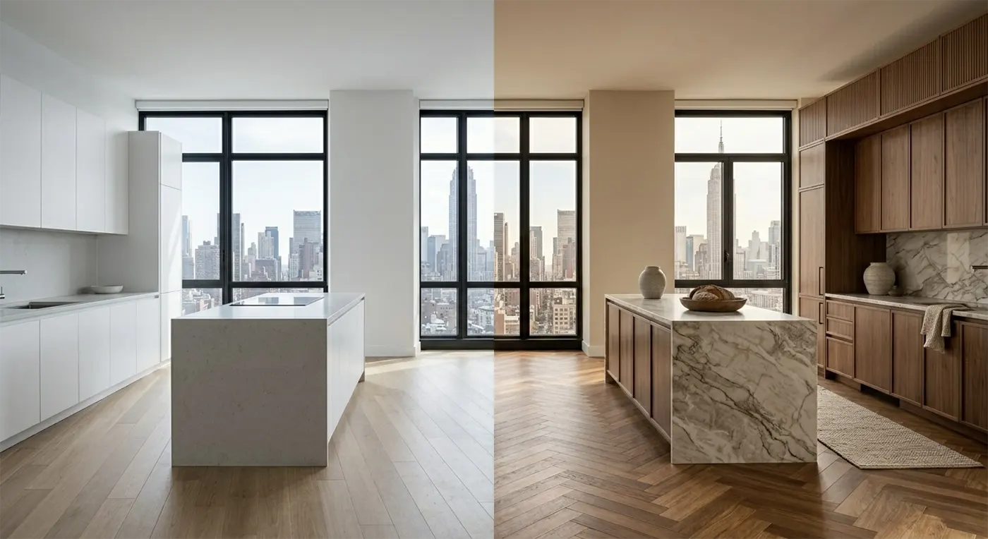 A split screen of the exact same NYC apartment layout. The left side shows a clinical, all-white modern kitchen with flat cabinets. The right side shows a warm contemporary kitchen featuring rich wood cabinetry and a bold marble waterfall island