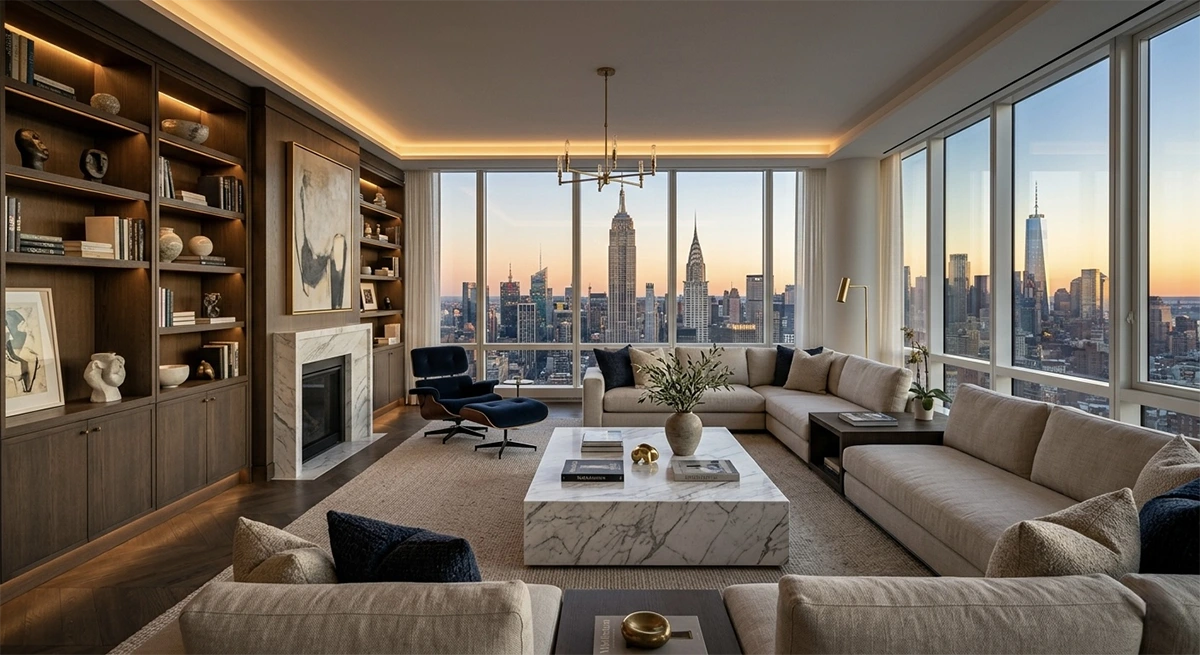 A breathtaking luxury Manhattan living room at sunset, featuring expansive floor-to-ceiling windows with a skyline view, custom wood millwork, and a sleek marble coffee table