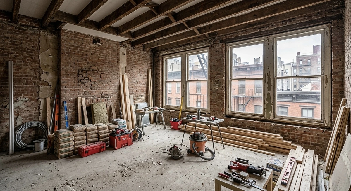 A gutted Manhattan apartment during the rough construction phase, showing exposed brick walls, original wooden ceiling beams, and various building materials and tools scattered on the concrete floor