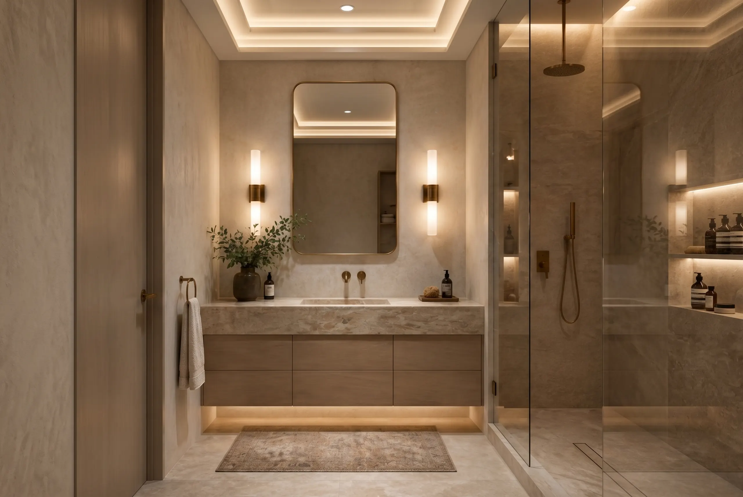 An elegant tonal greige bathroom featuring warm travertine stone surfaces, ambient cove lighting, unlacquered brass wall sconces, and a seamless glass shower enclosure
