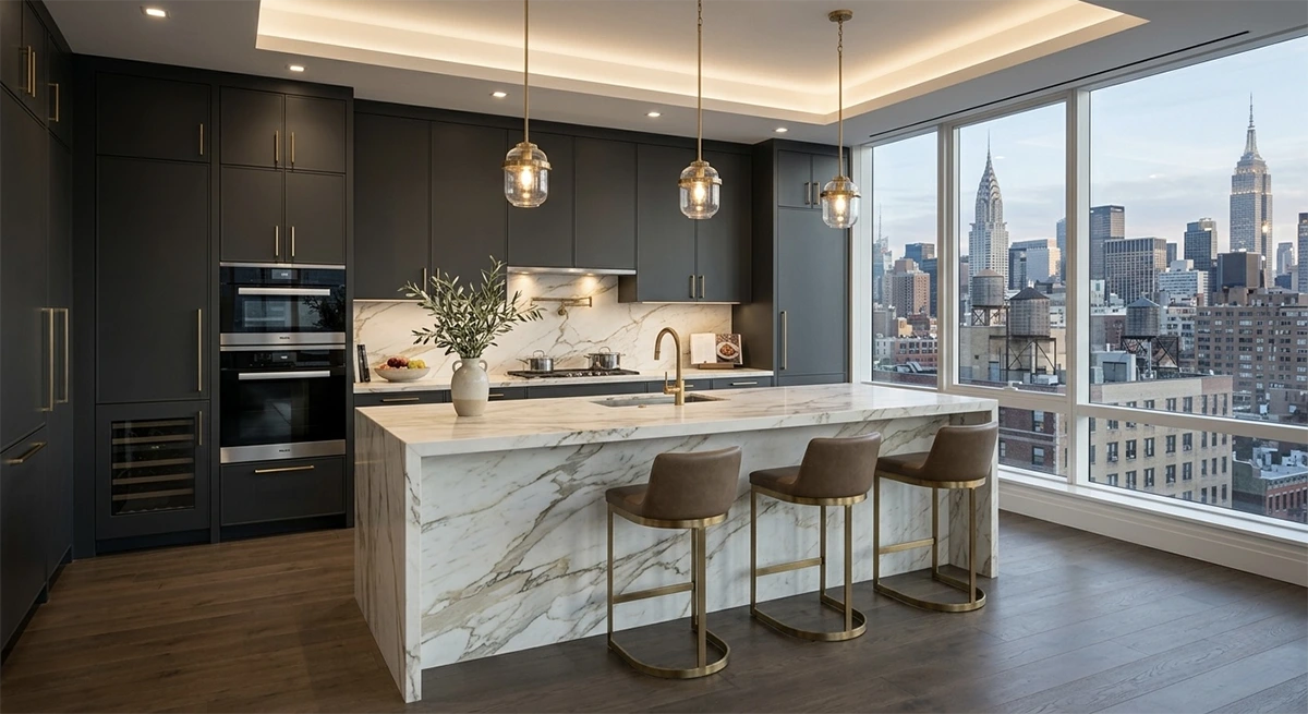 A fully renovated, high-end NYC kitchen featuring dark matte cabinetry, a striking marble waterfall island, brass pendant lights, and a stunning view of the Empire State Building