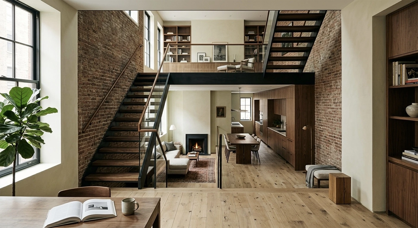 A stunning architectural cross-section view of a renovated NYC townhouse, showcasing a multi-level open layout, exposed original brick walls, a modern steel staircase, and a seamless blend of historic and contemporary design