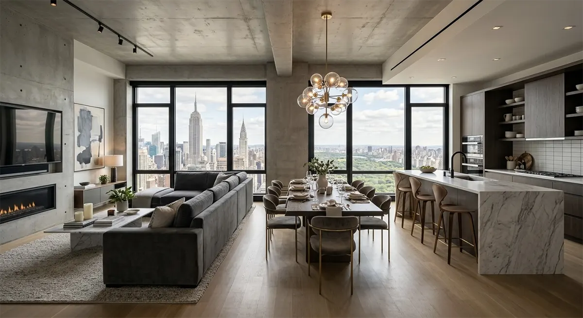 A beautifully executed open concept living and dining design featuring integrated architectural lighting, where a specific pendant light hangs perfectly centered over the dining table, demonstrating layout planned before finishes